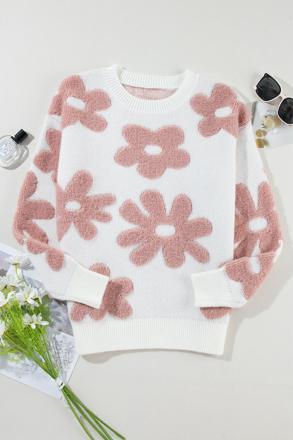 Vintage Flower Drop Shoulder Loose Sweater