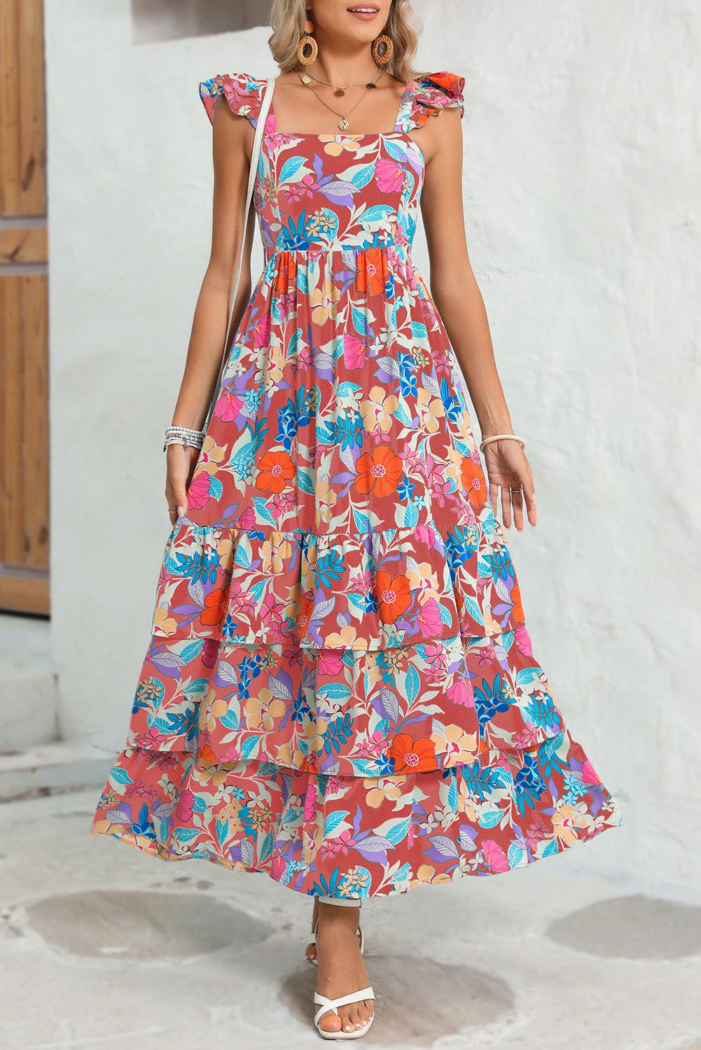 Boho Floral Print Ruffle Sleeveless Tiered Maxi Dress