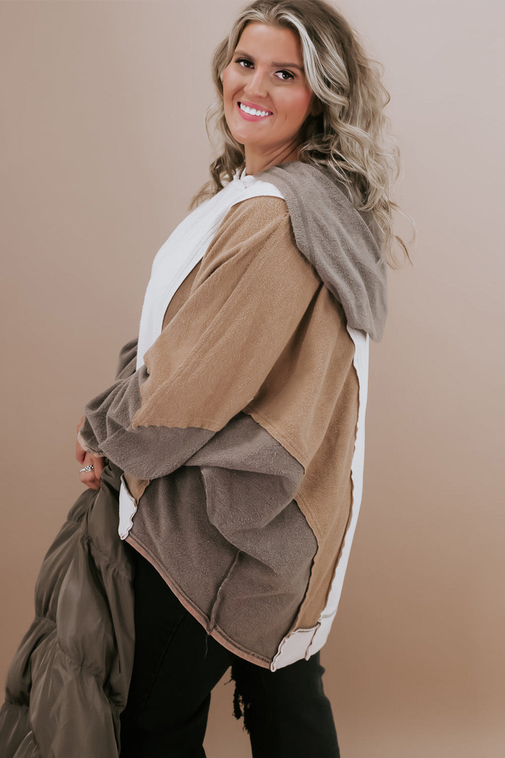 Brown Plus Size Exposed Seam Patchwork Sweatshirt