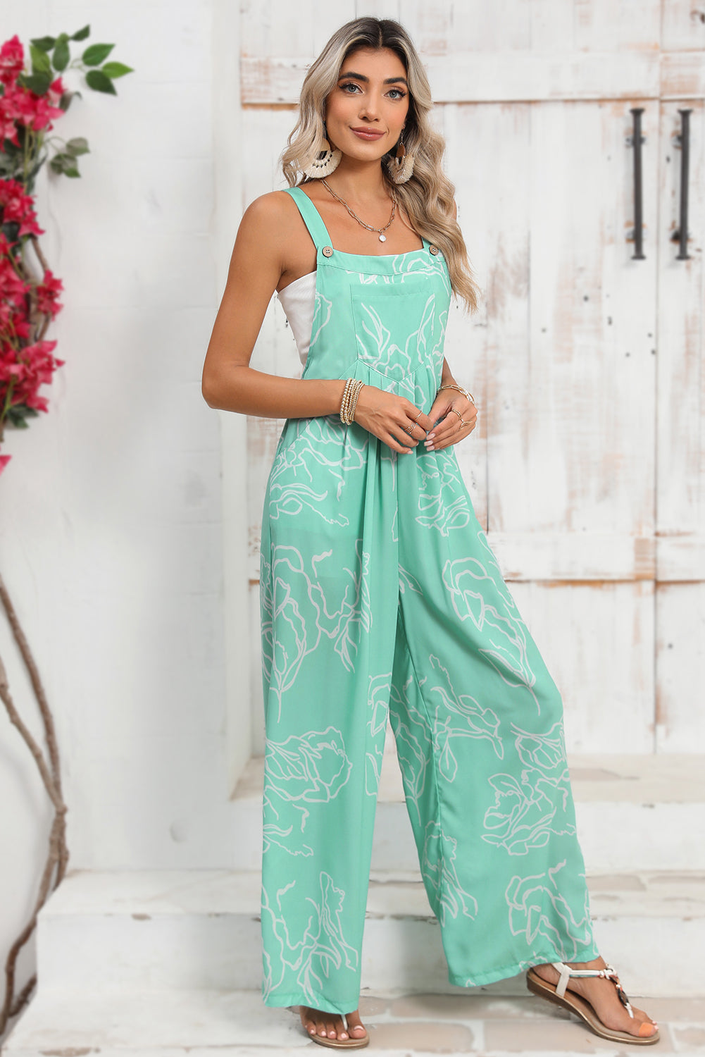 Moonlight Jade Abstract Print Wide Leg Overall