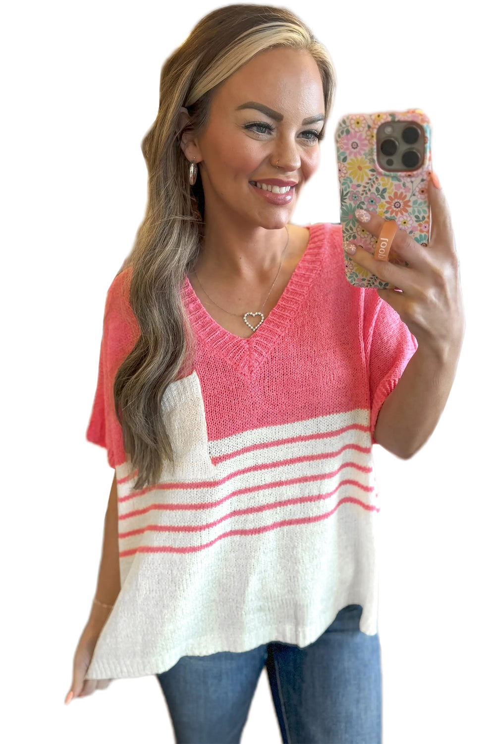 Strawberry Pink Striped Colorblock V Neck Knitted T Shirt