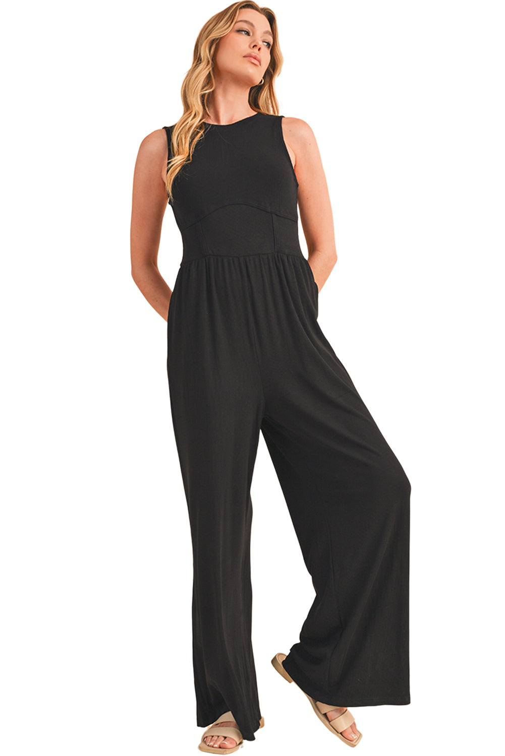 Medium Grey Sleeveless High Waist Wide Leg Jumpsuit