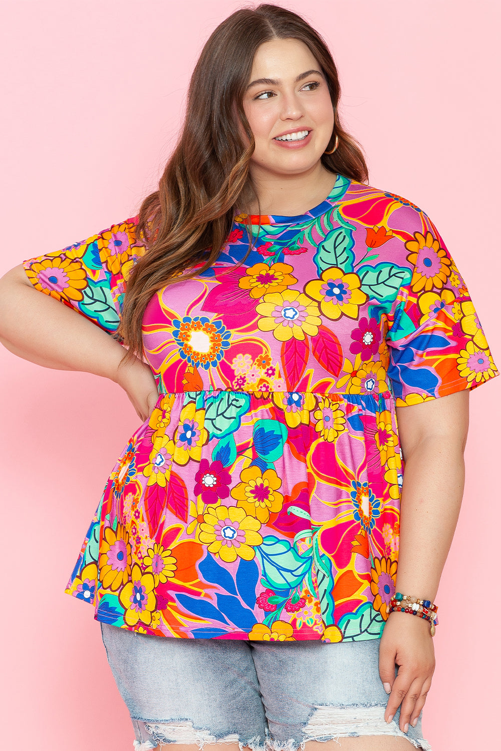 Boho Floral Print Plus Size Babydoll Blouse