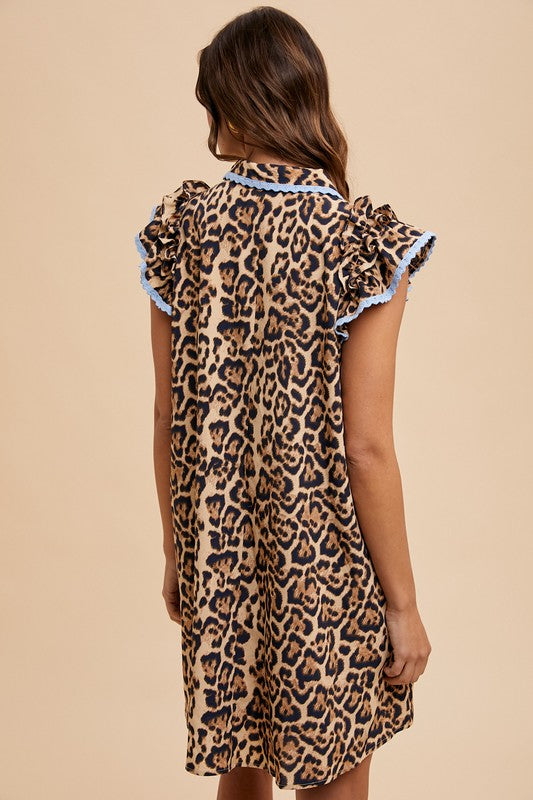 Leopard Print Ruffle Sleeve Button Down Dress