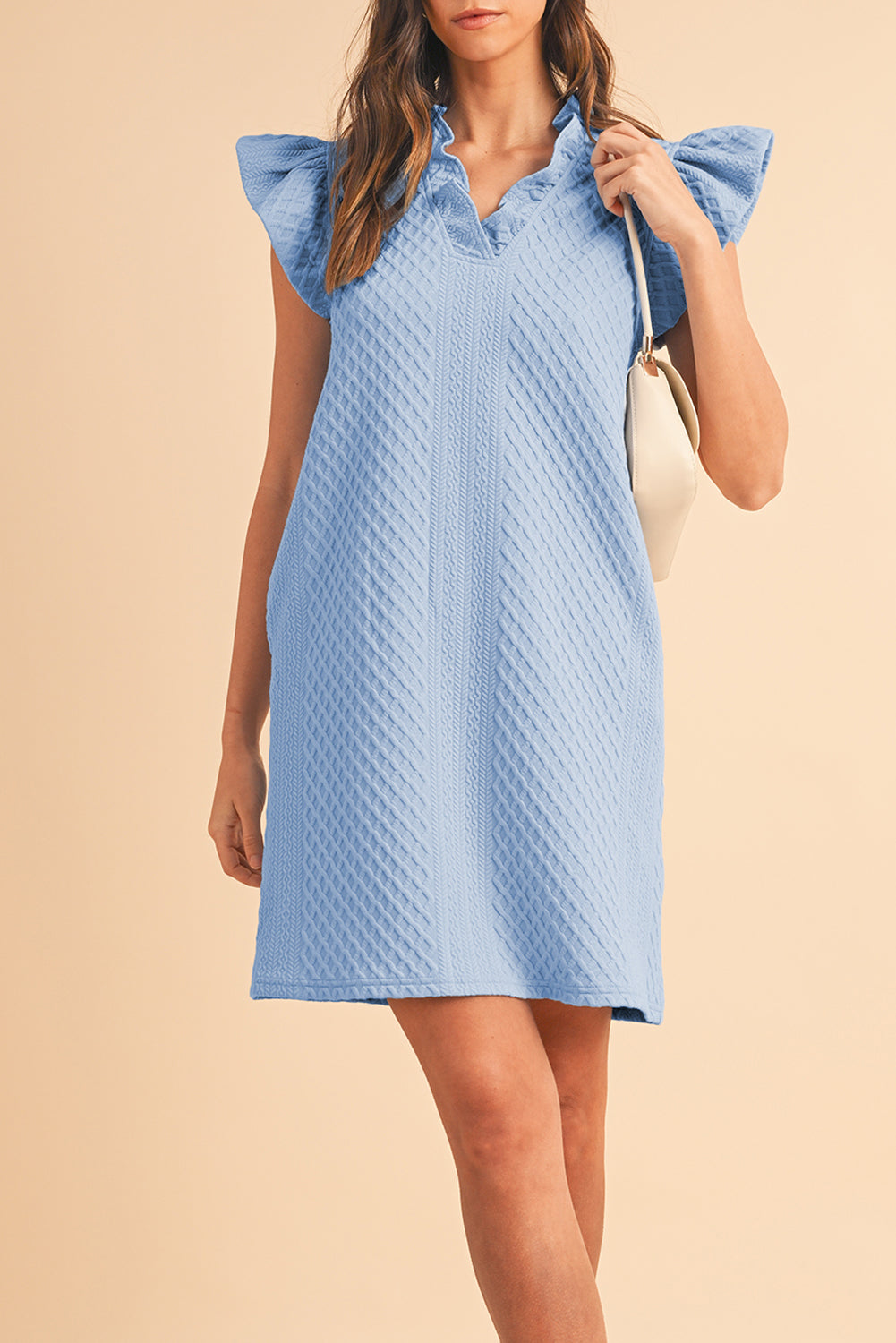 Light Blue Textured Puff Sleeve Ruffled V Neck Mini Dress