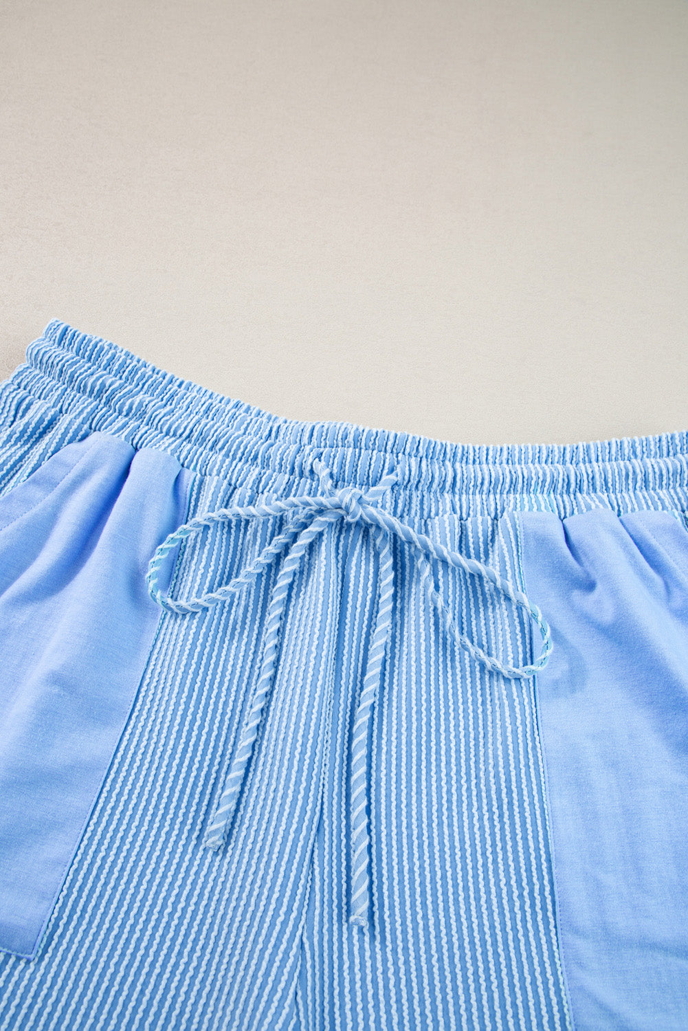 Light Blue Plus Size Ribbed Long Sleeve Top and Drawstring Shorts Set-Arriving 7/25