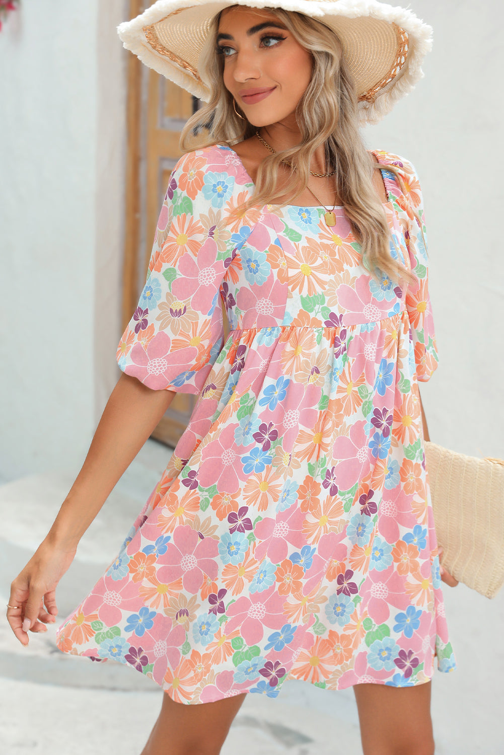 Rose Summer Floral Square Neck Puff Sleeve Babydoll Dress