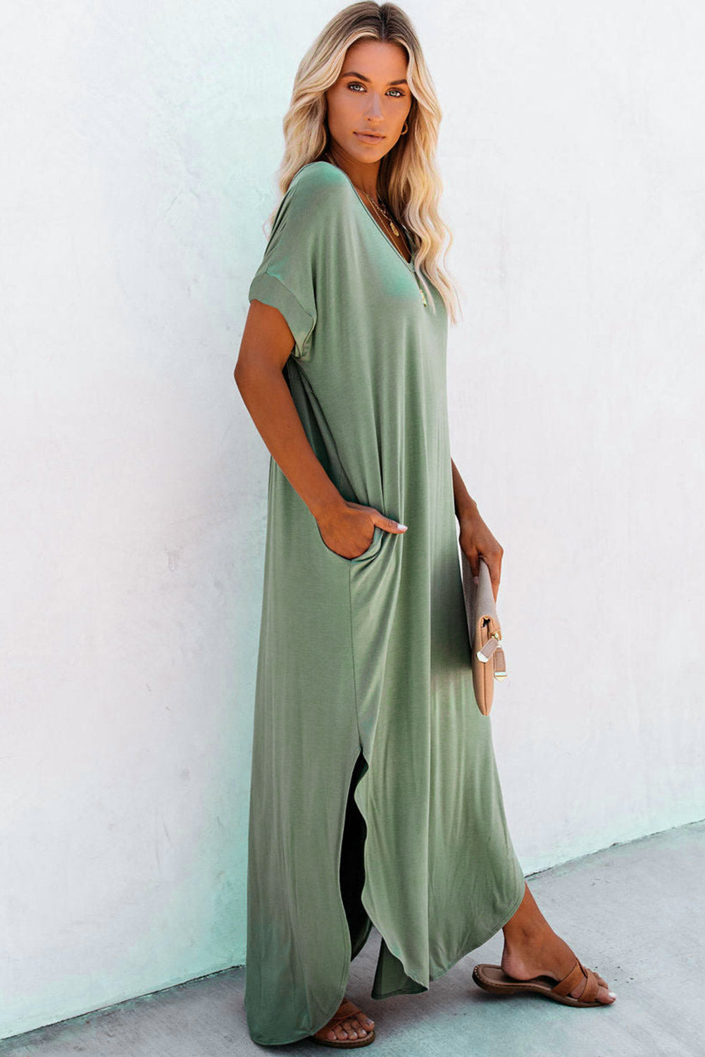 Solid Color Hidden Pocket V Neck Slit Maxi Dress