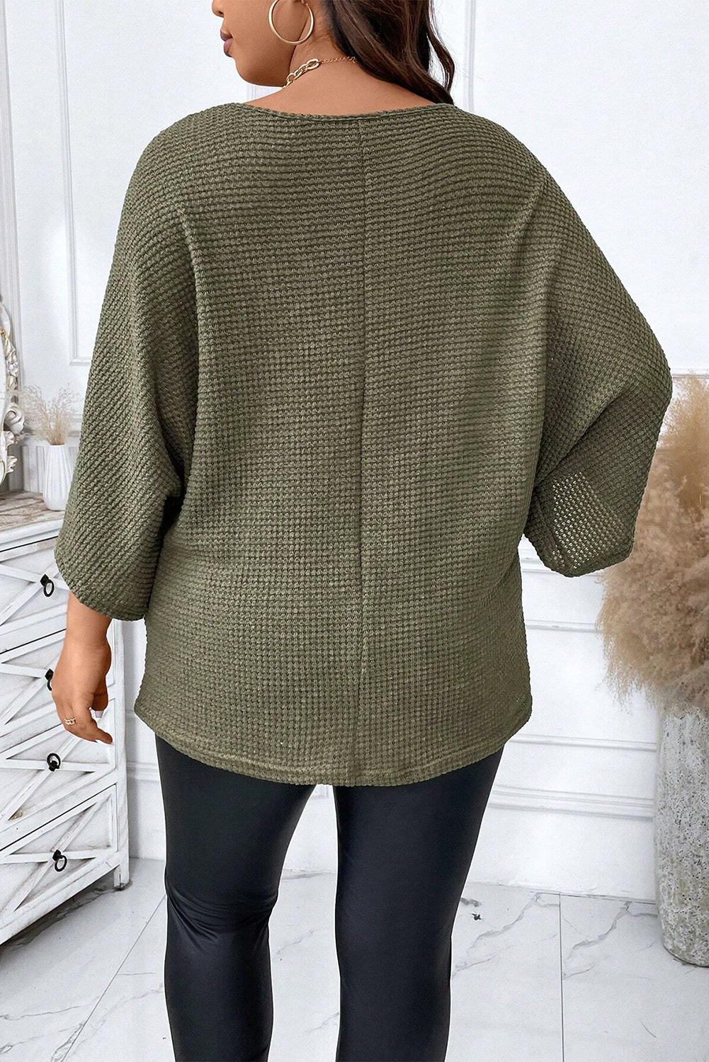 Jungle Green  V Neck Textured Knit Dolman Top