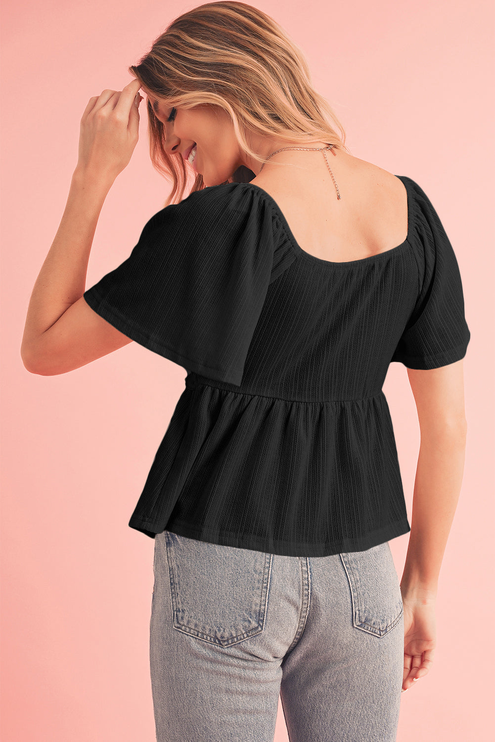 Shirred V Neck Short Flutter Sleeve Textured Blouse