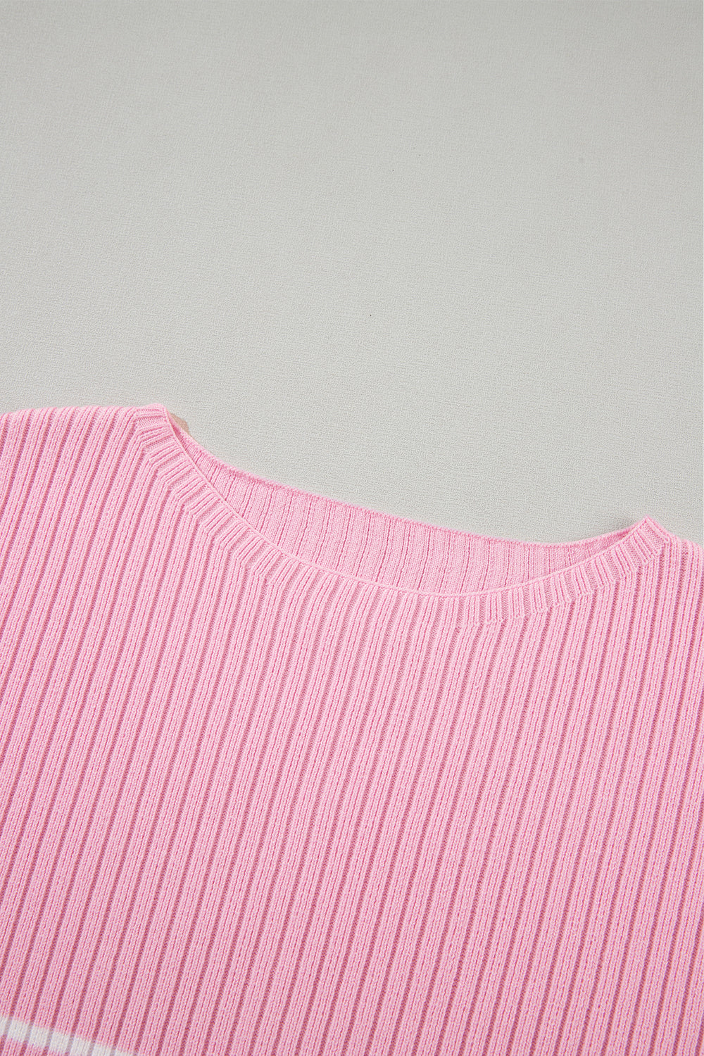 Pink Plus Size Ribbed Stripe Round Neck T Shirt