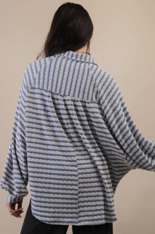 Denim Textured Striped Oversized Top