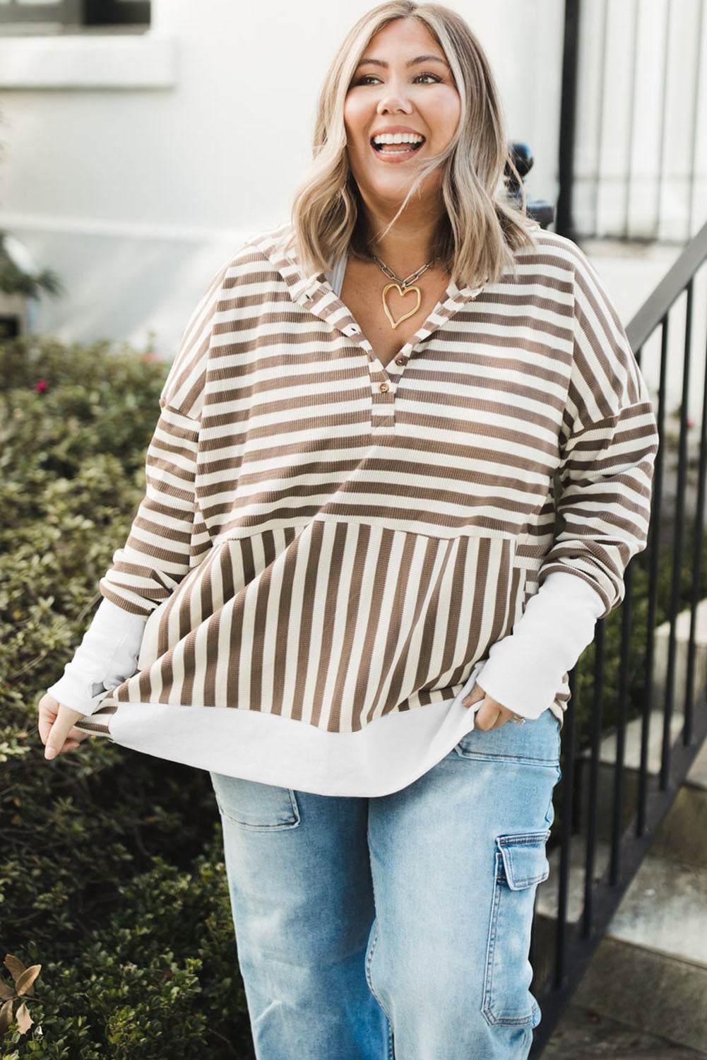 Striped Drop Sleeve Plus Size Henley Hoodie