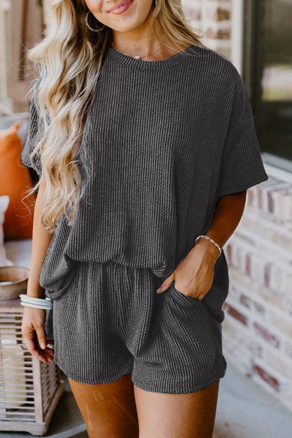 Carbon Grey Ribbed Textured Loose Fit Tee & Shorts Set