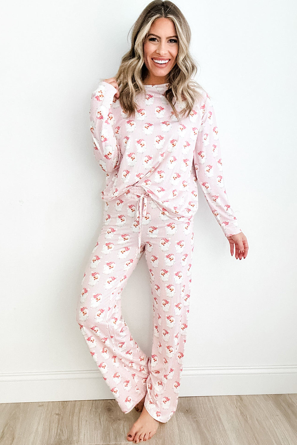 Santa Claus Striped Print Loose Fit Two Piece Loungewear Set