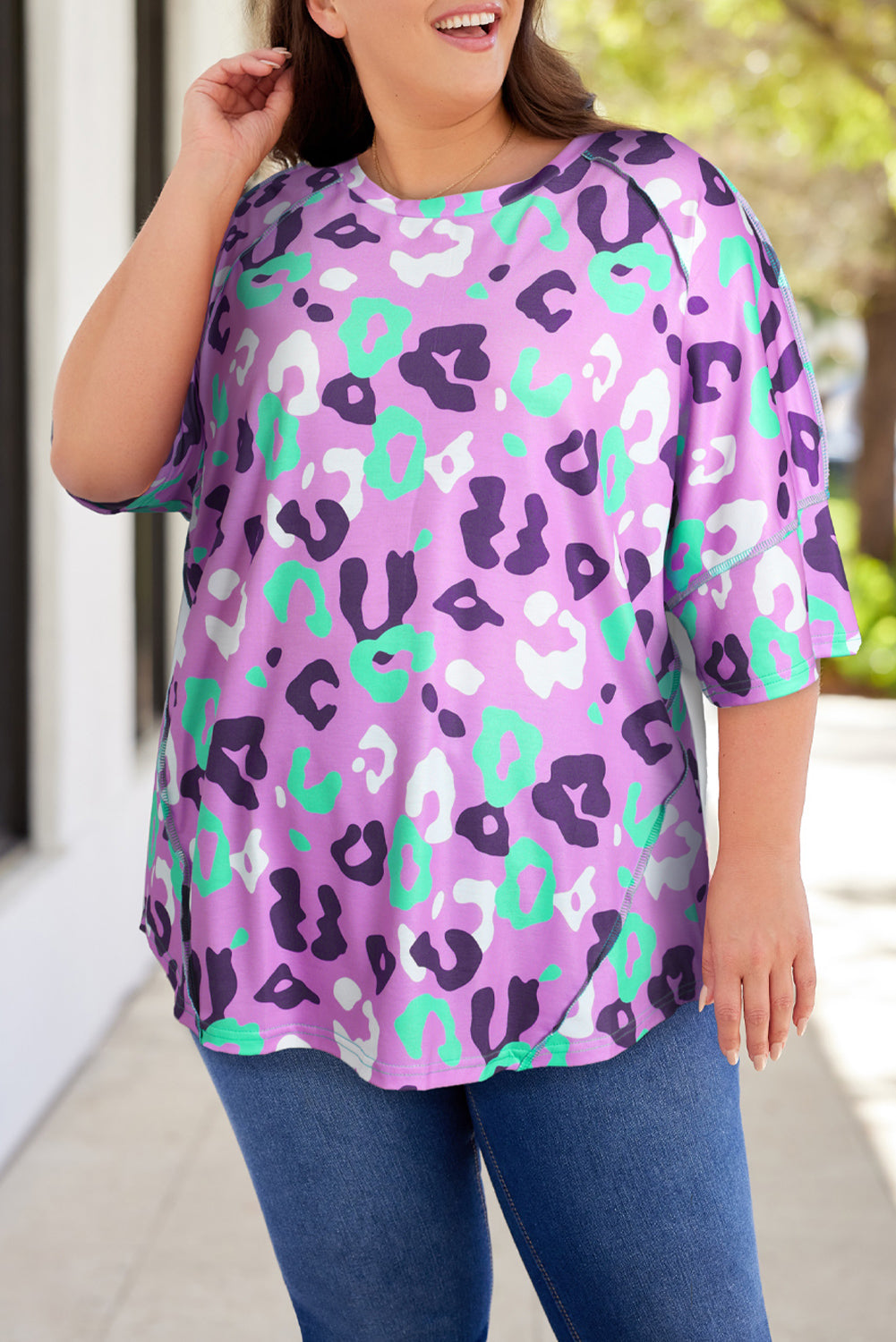 Purple Leopard Print Plus Size Short Sleeve Tee