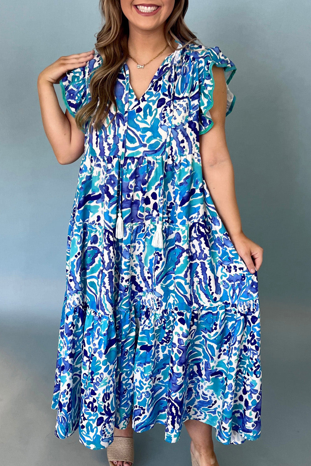 Sky Blue Abstract Print Split Neck Ruffle Tiered Dress