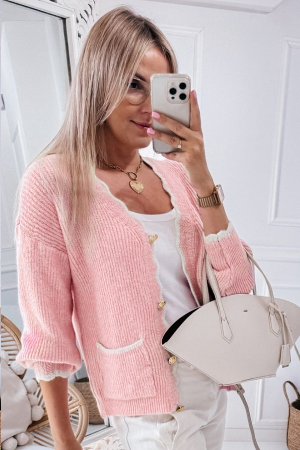 Pink Ribbed Knit Scalloped Edge Side Pockets Buttoned Cardigan