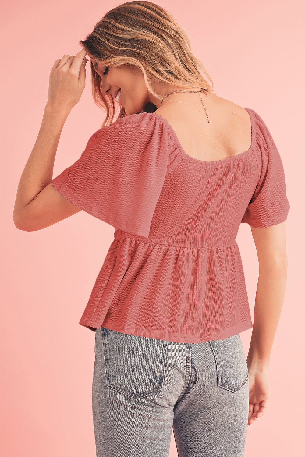 Shirred V Neck Short Flutter Sleeve Textured Blouse