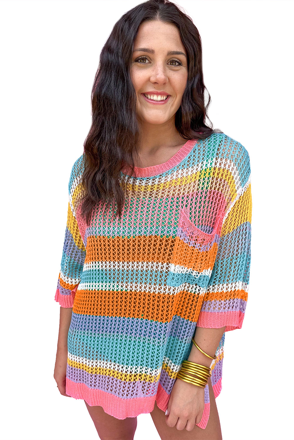 Pink Striped Color Block Hollow Crochet 3/4 Sleeve T Shirt