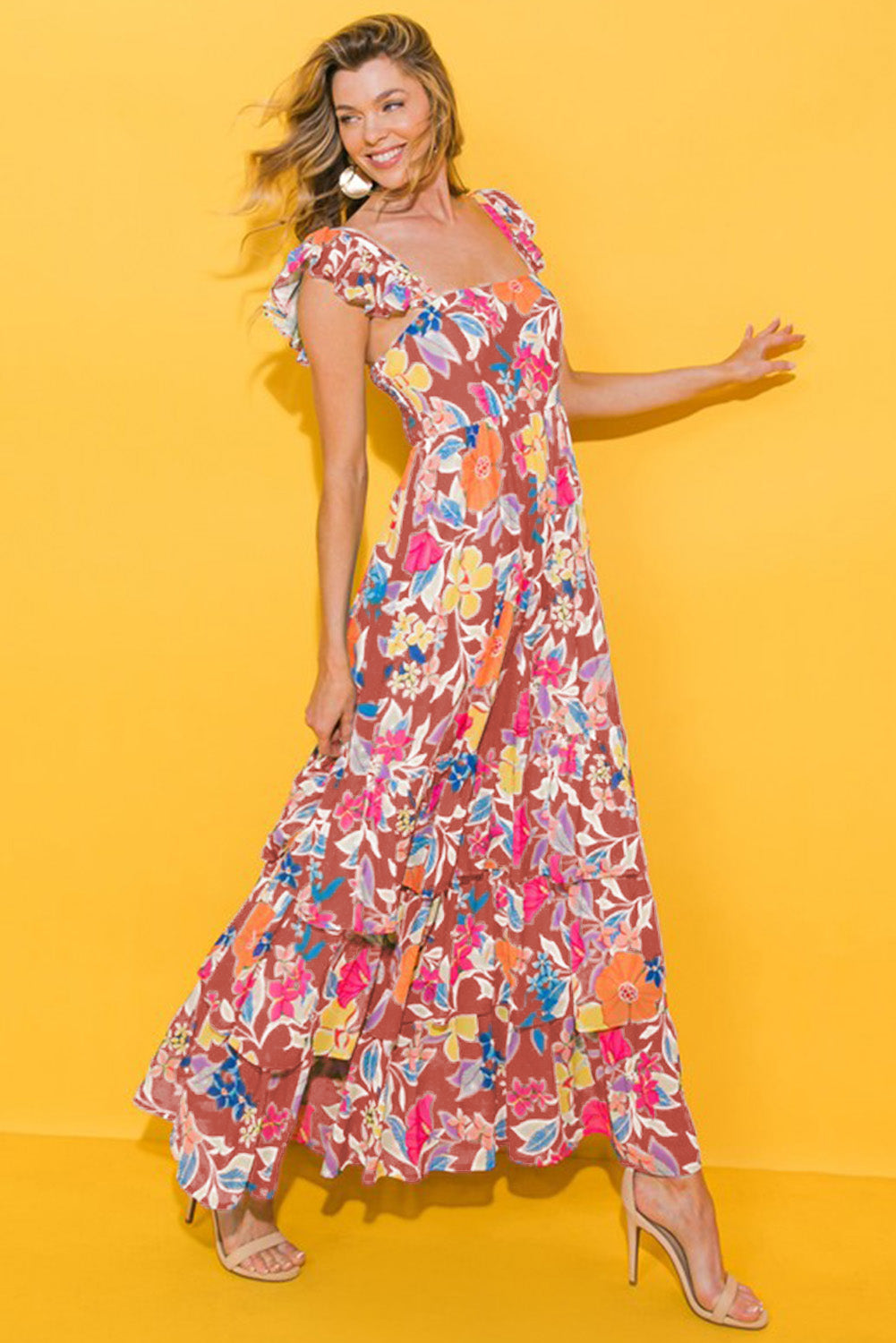 Boho Floral Print Ruffle Sleeveless Tiered Maxi Dress