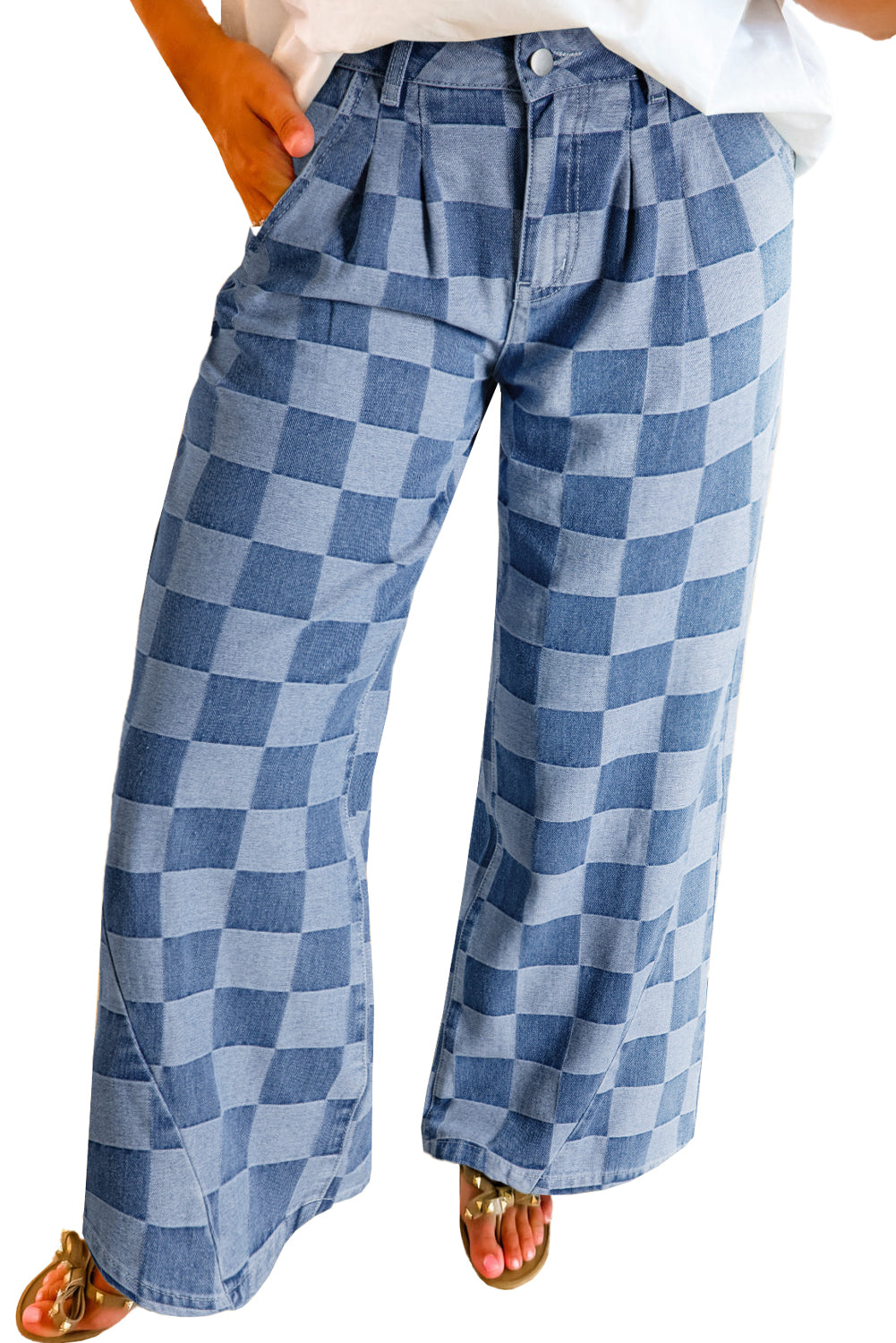 Checkered Light Washed Wide Leg Jeans