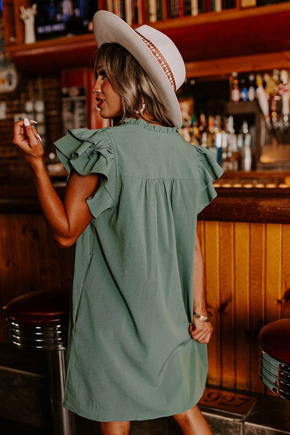 Mist Green Ruffle Trim Sleeve V Neck Pocketed Mini Dress