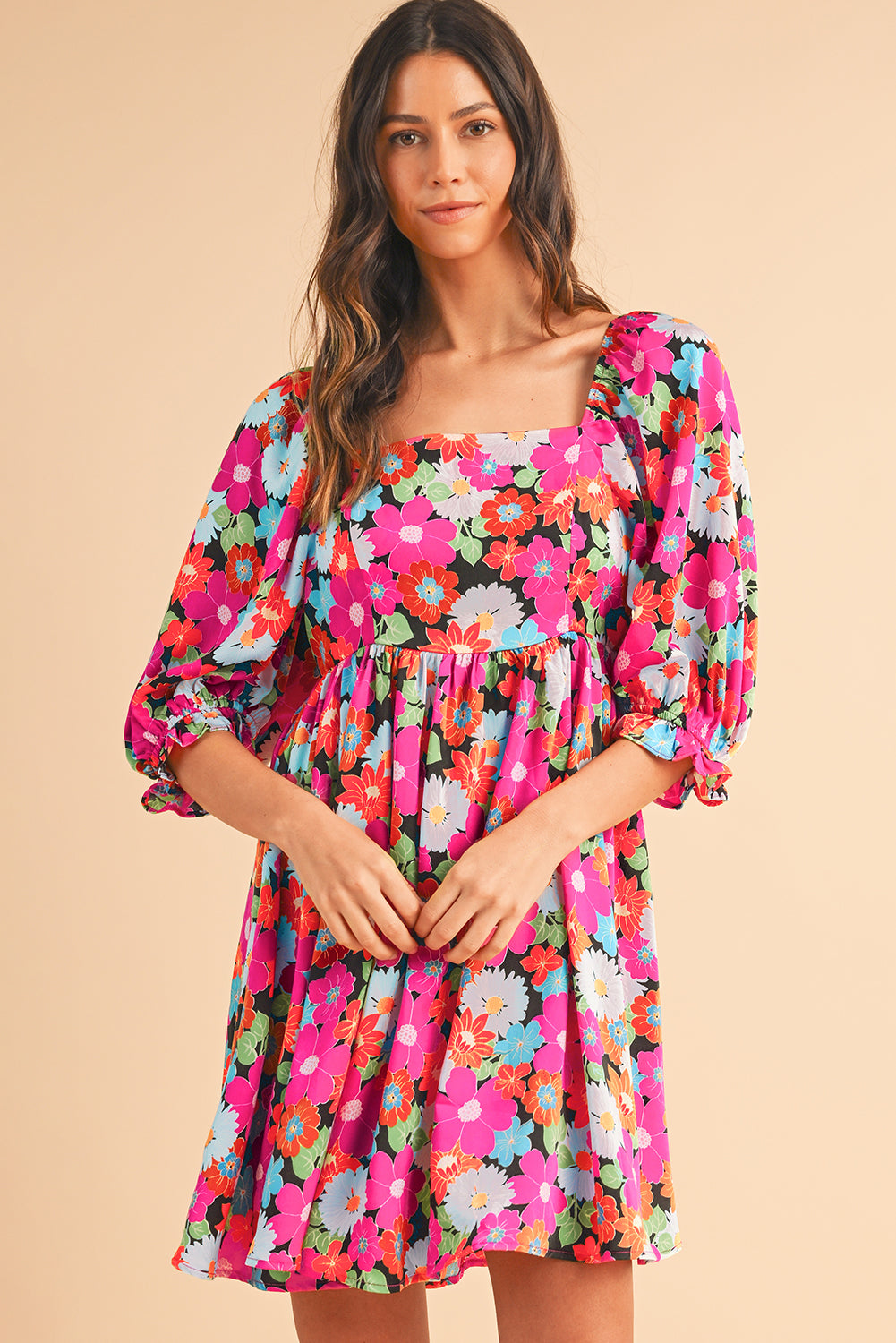 Rose Floral Print Square Neck Short Puff Sleeve Dress