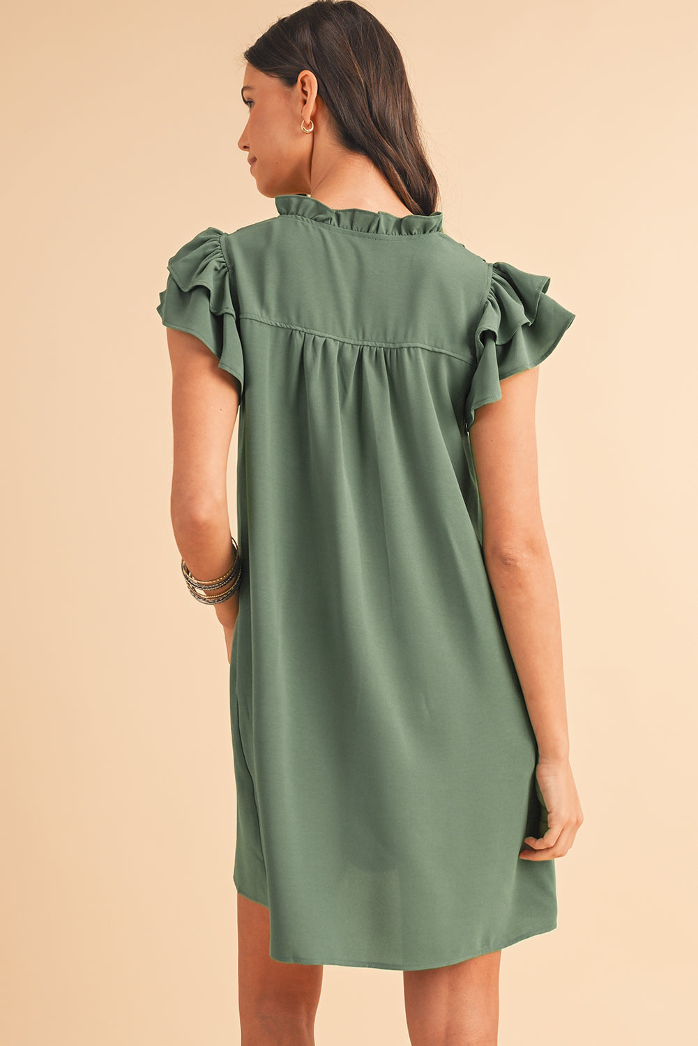 Mist Green Ruffle Trim Sleeve V Neck Pocketed Mini Dress