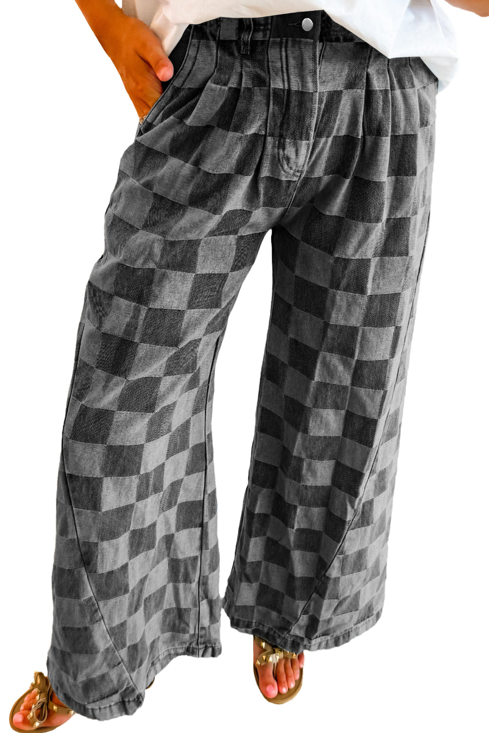 Checkered Light Washed Wide Leg Jeans