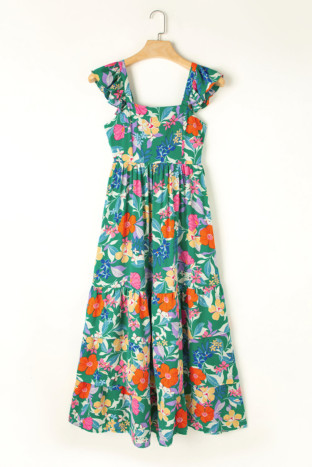 Boho Floral Print Ruffle Sleeveless Tiered Maxi Dress