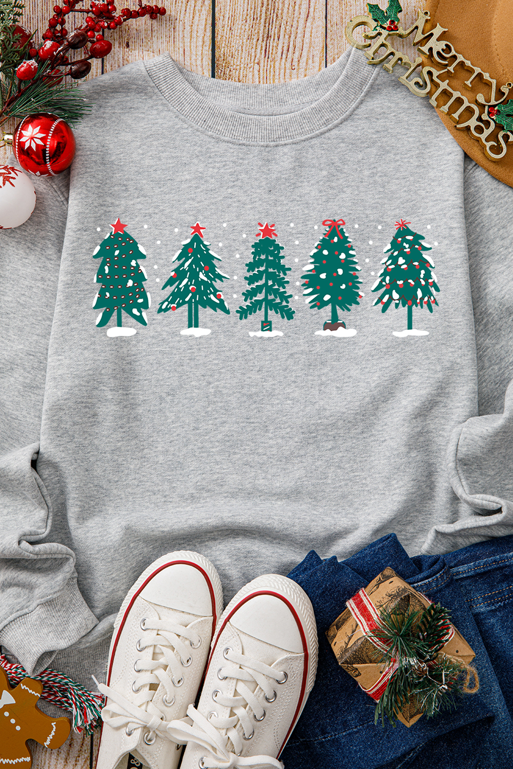 Gray Double Side Print Christmas Tree Letter Graphic Sweatshirt