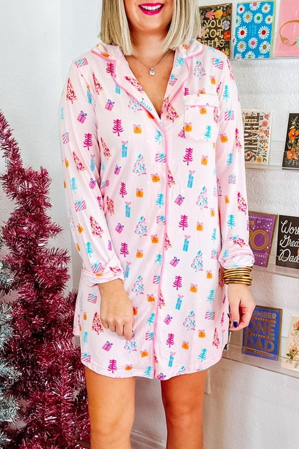 Christmas Twinkle Tree Print Casual Shirt Sleep Dress