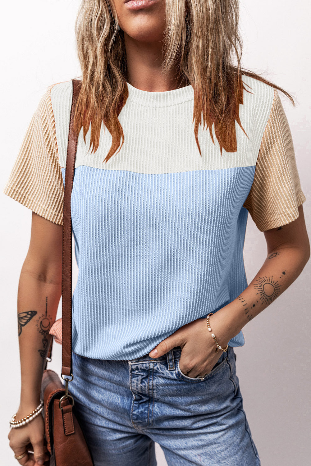 Ribbed Textured Colorblock T Shirt