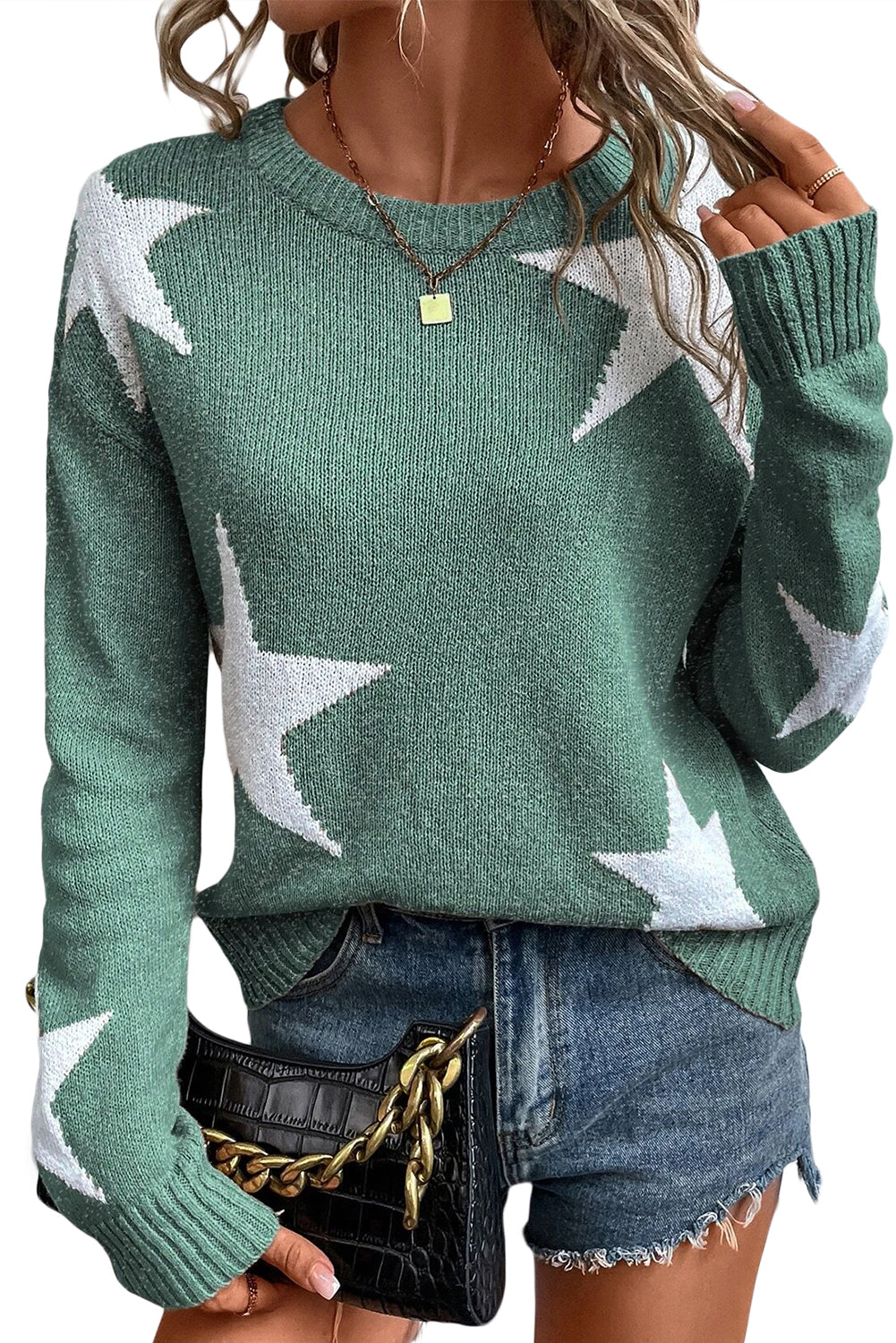 Star Pattern Drop Shoulder Knit Sweater