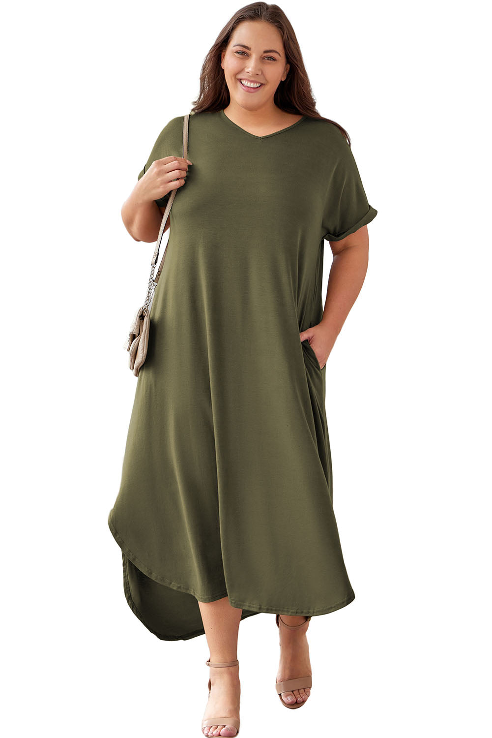 Green V Neck Rolled Cuffs Plus Size Maxi Dress