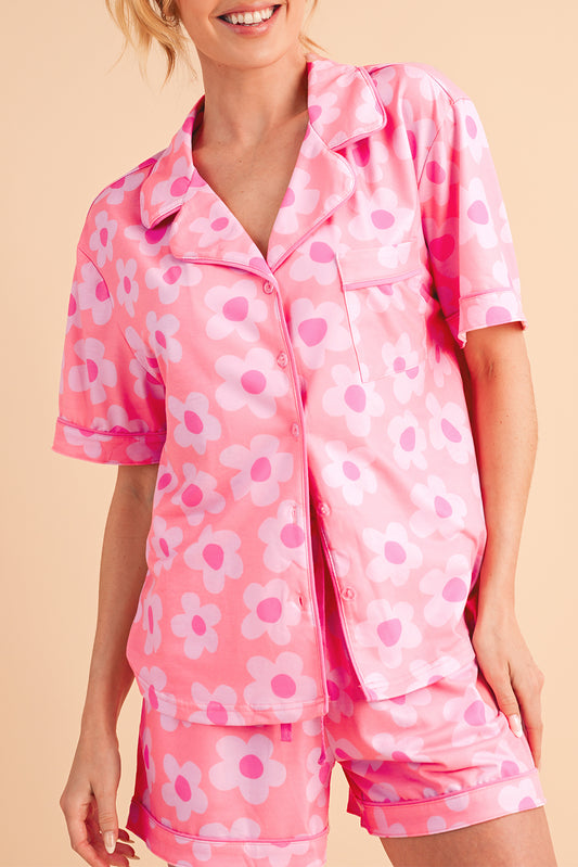 Pink 60s Flower Print Buttoned Shirt and Drawstring Waist Pajama Set