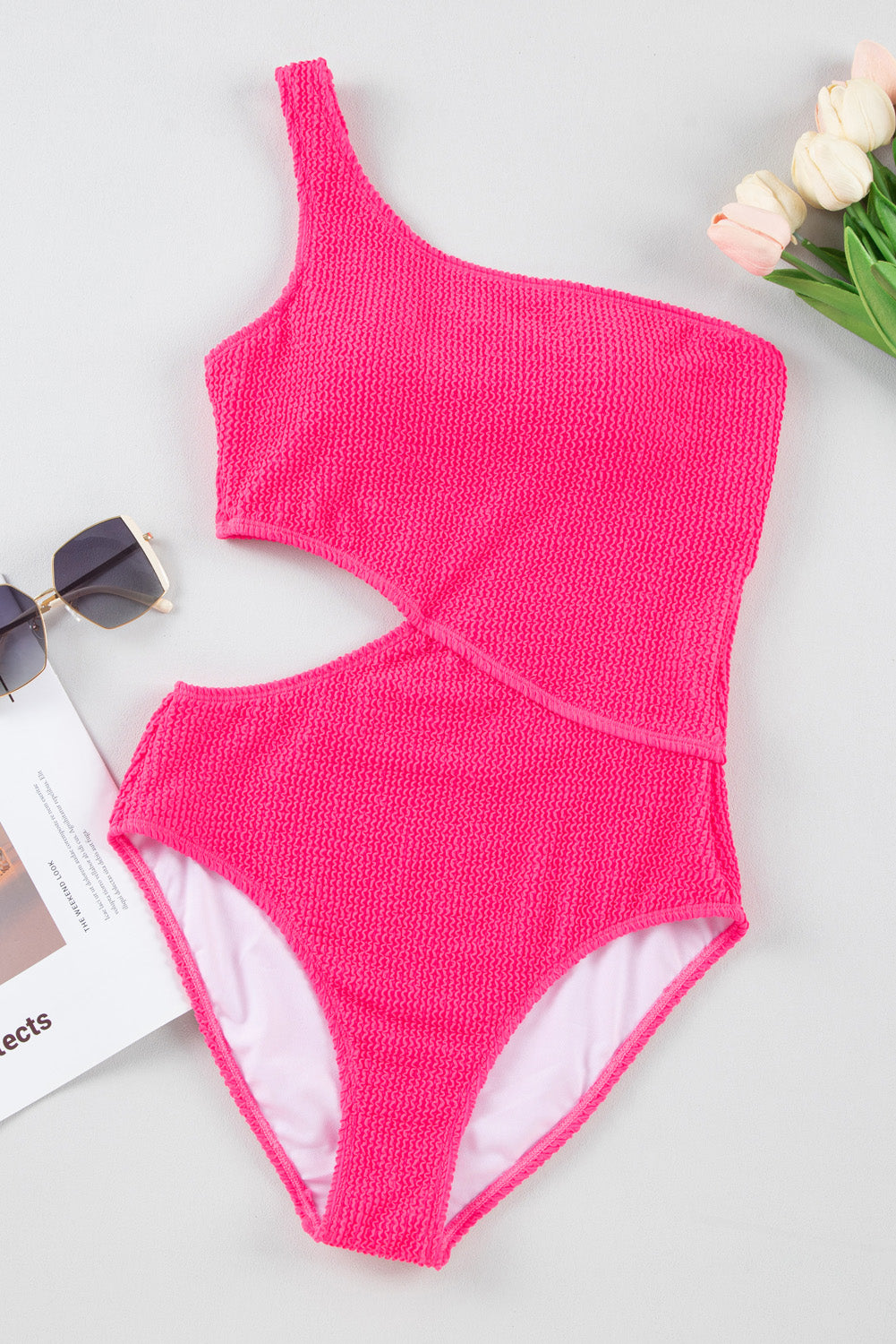 Bright Pink Solid Textured Cut Out Asymmetric One Piece Swimsuit