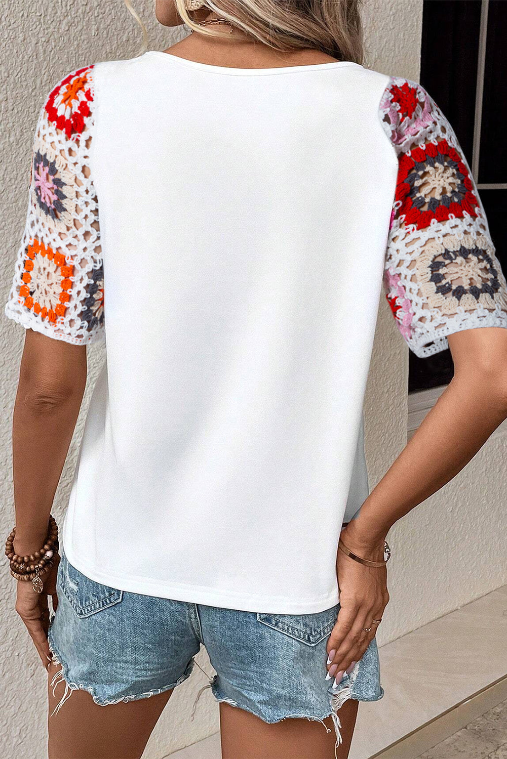 Floral Hollowed Crochet Sleeve Boho T Shirt