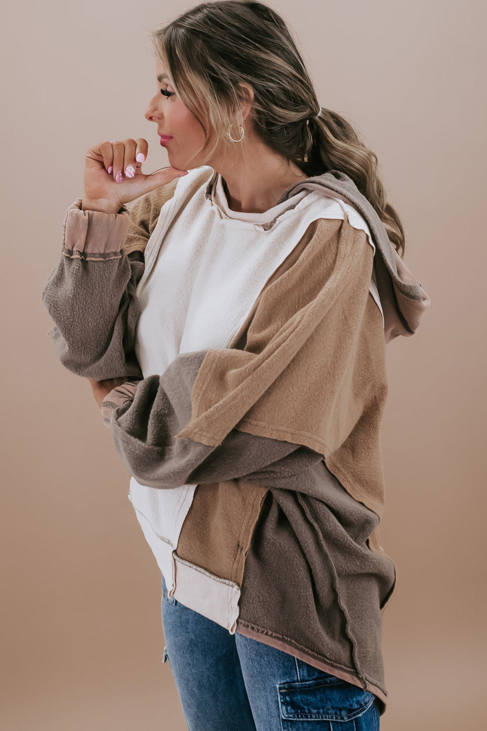 Brown Plus Size Exposed Seam Patchwork Sweatshirt