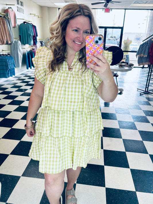 Lime Gingham Tiered Dress