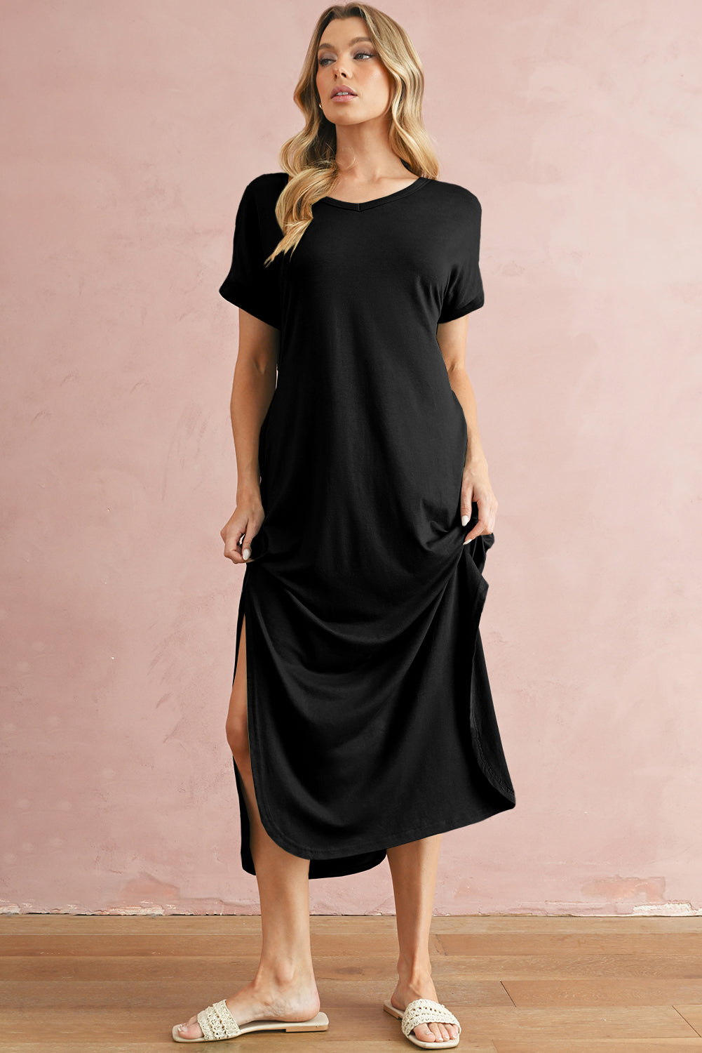 Solid Color Hidden Pocket V Neck Slit Maxi Dress