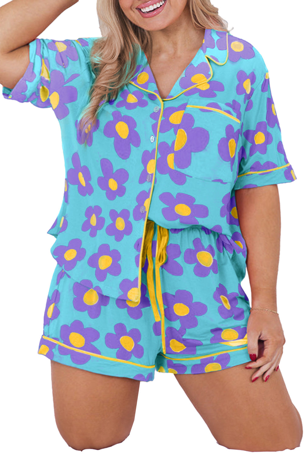 Curvy Sky Blue Cute Flower Print Contrast Trimmed Short PJ Set