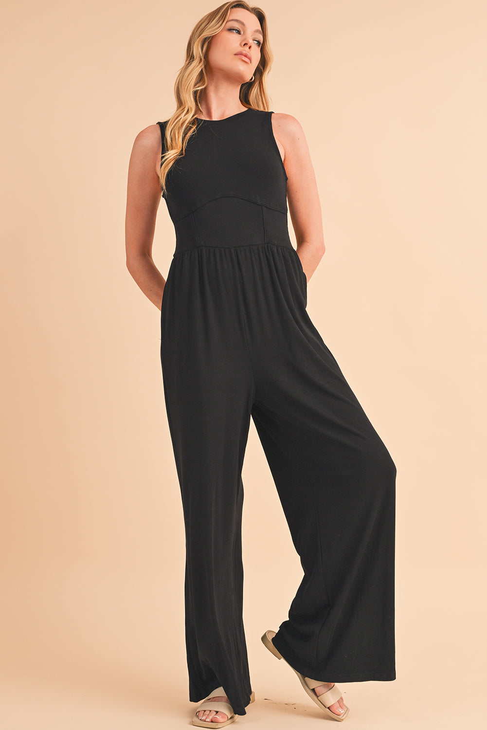 Medium Grey Sleeveless High Waist Wide Leg Jumpsuit