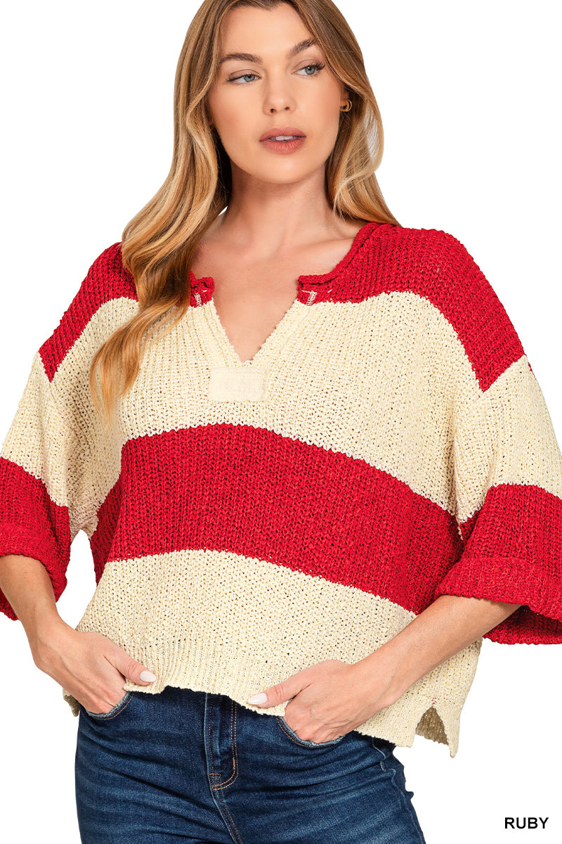 ZENANA SPLIT NECK STRIPE SWEATER
