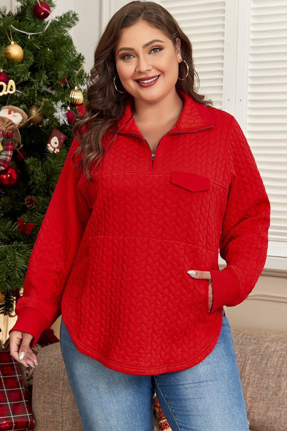 Tomato Red Textured Quarter Zip Plus Size Pullover