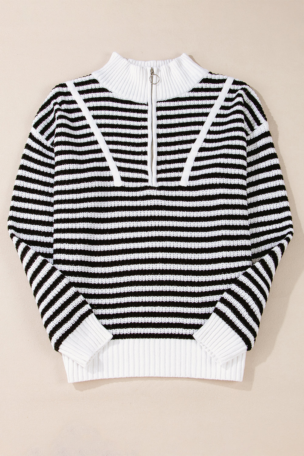 Striped Zip Up Collar Drop Sleeve Sweater