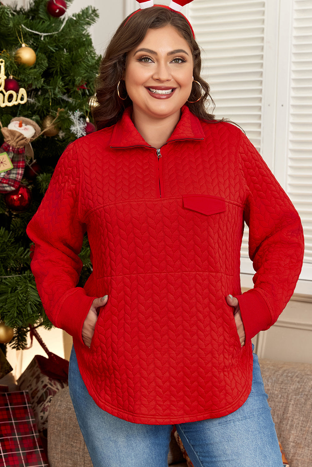 Tomato Red Textured Quarter Zip Plus Size Pullover