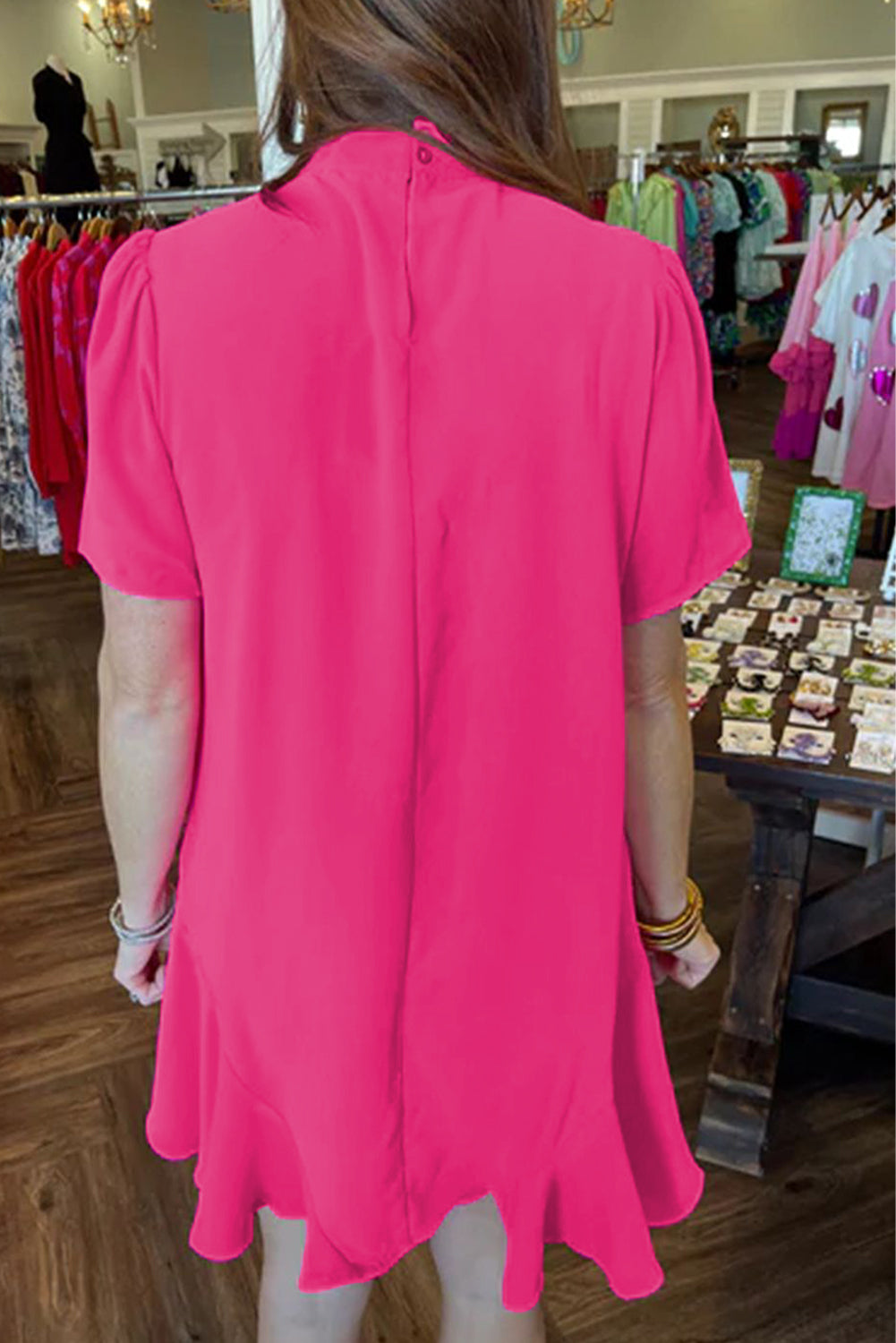 Bright Pink Tie Neck Ruffle Hem Mini Dress