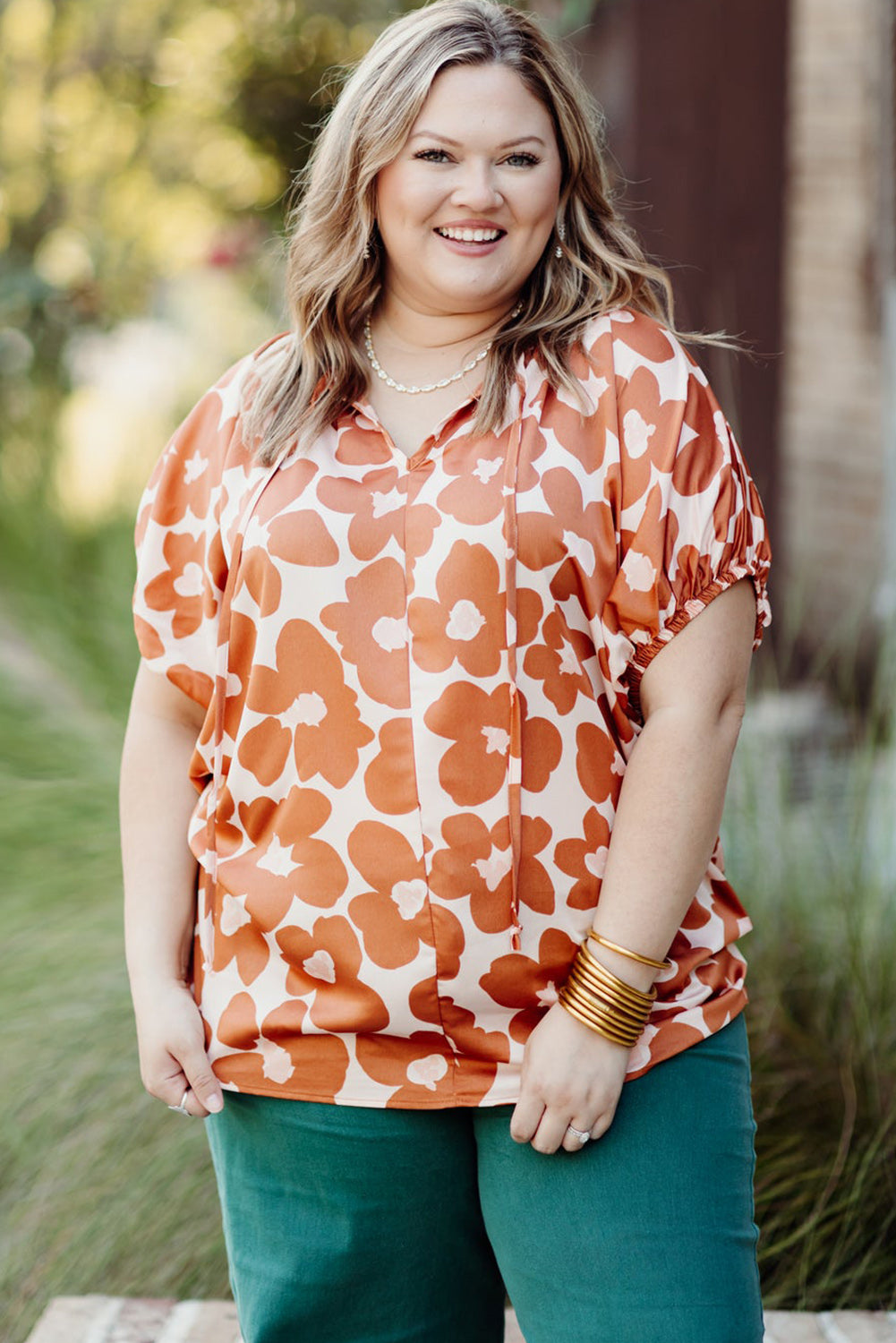 Orange Floral Print Drawstring V Neck Short Sleeve Blouse